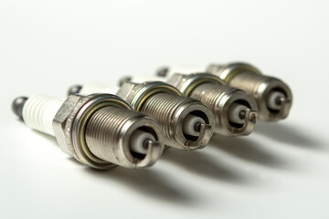 Car service. A set of new car spark plugs as a spare part of motor vehicles on white. Group of candles for the motor close-up