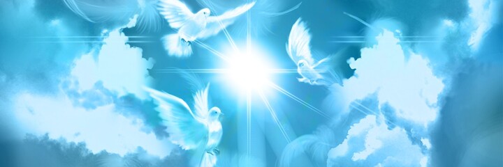 The flying three white doves around clouds leading to shining heaven and the background of beautiful pastel color’s sky 