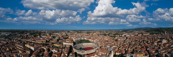 Piazza Bra panoramic aerial view. Italian colosseum panorama top view. Historical part of the city...