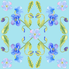 Blue poppies watercolor seamless pattern. Hand drawn illustration of Himalayan flowers and leaves on a turquoise background. Floral ornament