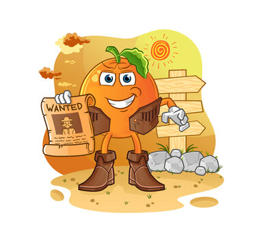 Orange cowboy with wanted paper. cartoon mascot vector