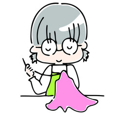 縫い物をするメガネっ子の上半身