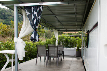 Caravan trailer with balcony in front