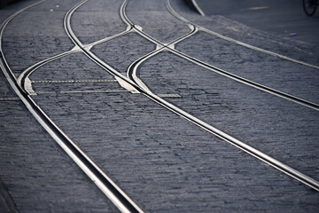 ストラスブールの石畳の道、市電の線路