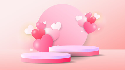 Podium with heart in Valentine's Day on pink background ,  Modern design  3D illustration Vector EPS 10