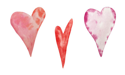 Naklejka na ściany i meble Watercolor set of pink, purple and red hearts for St Valentines Day isolated on white background.