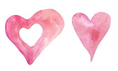 Watercolor set of pink, purple and red hearts for St Valentines Day isolated on white background.