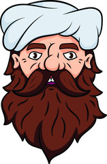 Man with big beard, mustache and turban. Indian man face. Print design vector illustration.