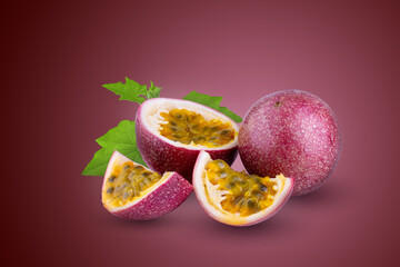 Whole passionfruit and a half of maracuya isolated on alpha background.