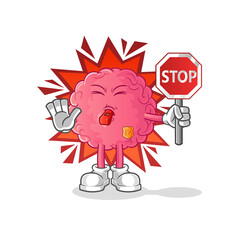 brain holding stop sign. cartoon mascot vector