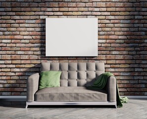 Mock up with white canvas on brick wall in a room with a soft sofa with a pillow and a plaid and a wooden floor. 3D rendering.