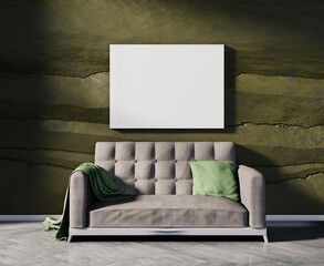 Empty horizontal layout for inserting photos or inscriptions hung on an old stone wall in a room with a cozy sofa and a wooden floor. 3D rendering.