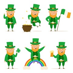 St. Patrick's Day set of happy leprechauns. Vector Illustration isolated on a white background