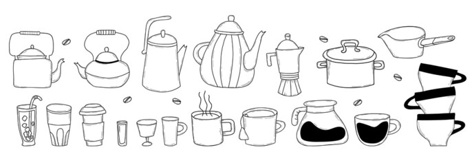 Kitchen doodles icon set. Hand drawn lines of kitchen items, dishes, cups and teapots. Vector illustration. Big collection of cartoon icons of kitchen utensils. Isolated elements for menu, recipe book