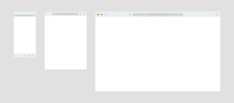Web browser window template on white background. Website interface for different devices.