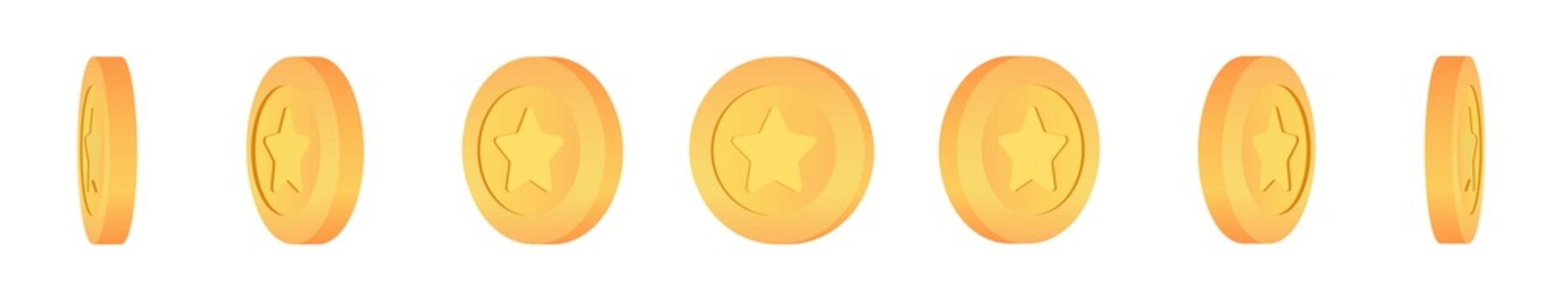Gold 3d coin turn around different position set. Coins with the image of the star. Set of golden coins with star symbol.
