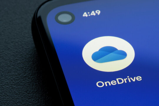 Portland, OR, USA - Jan 19, 2022: Closeup of the Microsoft OneDrive app icon seen a Google Pixel smartphone. OneDrive is a file hosting and personal cloud storage service operated by Microsoft.