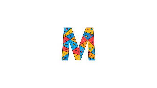 Letter M. Animated unique font made of circles and triangles, polygons. Geometric mosaic bright colors, black outline. Letter M for icons, logos, interface elements. Isolate White background, 4K