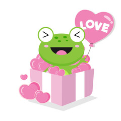 Valentines day greeting card.Cute frog holding pink ballon and sit in the gift box