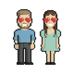 Pixel art set of couple of lovers with hearts in eyes on a white background. - 481760557