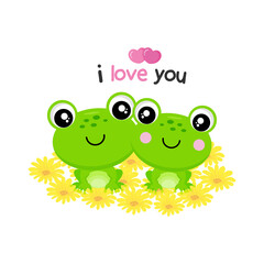 Valentines day greeting card. Cute couple frogs fall in love.