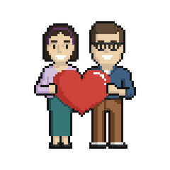Pixel art set of couple of lovers with heart on a white background. - 481760567