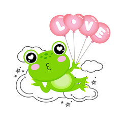 Valentines day greeting card. Cute frog holding Love Balloon