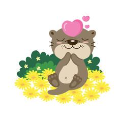 Valentines day greeting card. Cute otter with heart on flower field.