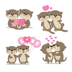 Set of Cute couple Otters fall in love. Hand drawn cartoon animal character.