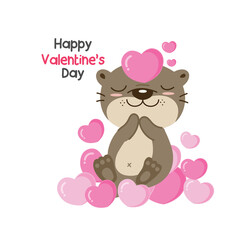 Cute otter holding pink hearts for valentine’s day.