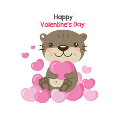 Cute otter holding pink hearts for valentine’s day.