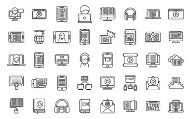 Distance education icons set outline vector. Online home class