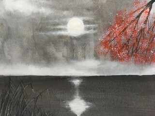 watercolor painting full moon and red maple tree landscape.	