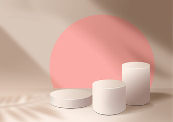 3d product Display Podium. Set Beige exhibition Podiums. 3D rendering. Pink arch