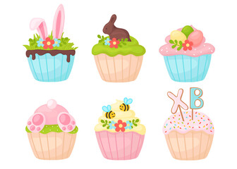 cute Easter cupcakes of pastel colors in cartoon style