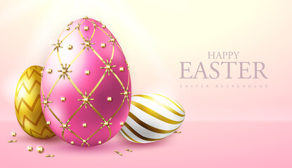 Holiday Easter background with golden and pink easter eggs. Faberge egg. Greeting card or poster. Vector illustration