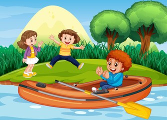 Nature scenery with children and inflatable boat