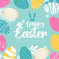 Holiday Easter background with colorful easter eggs and flowers. Greeting card or poster. Vector illustration