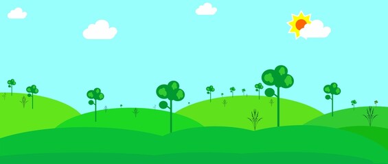 cartoon hill view in the morning. Beautiful green grass and trees background
