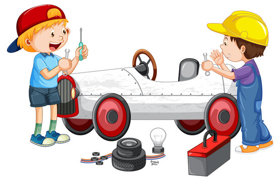 Children repairing a car together