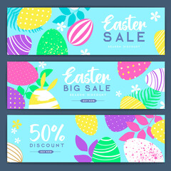 Holiday Easter background with colorful easter eggs and flowers. Set of Easter sale bannes. Vector illustration