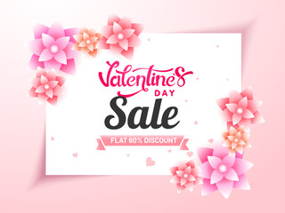 Valentine's Day Sale Poster Design With 60% Discount Offer, Glossy Flowers Decorated On White And Pink Background.