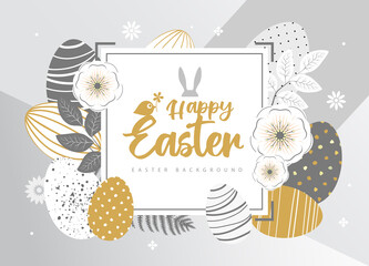 Holiday Easter background with easter eggs and flowers. Greeting card or poster. Vector illustration