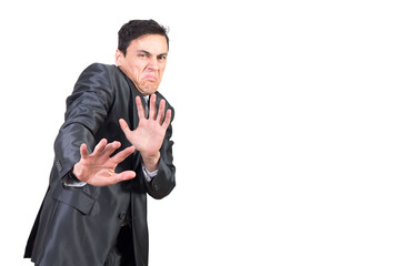 Fastidious businessman making face and gesturing at camera