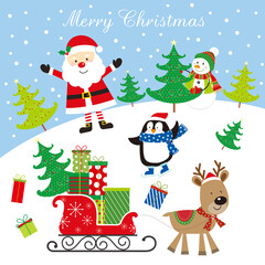christmas card with santa claus, snowman, penguin, reindeer and sleigh