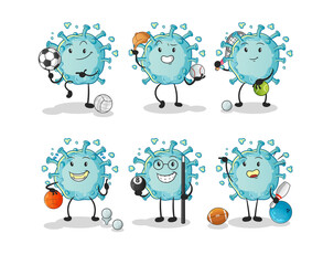 corona virus sport set character. cartoon mascot vector