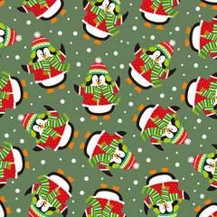 seamless christmas pattern with penguins