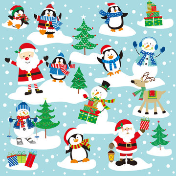 christmas pattern with snowman, santa, reindeer, penguin and tree