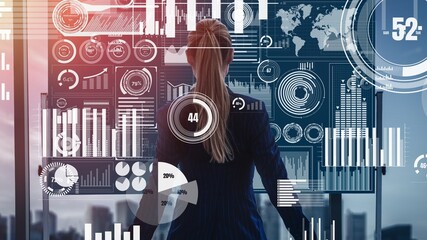 Big Data Technology for Business Finance Analytic conceptual . Modern graphic interface shows massive information of business sale report, profit chart and stock market trends analysis .