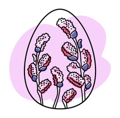 Easter egg. Stylized decorative Easter egg decorated with willow branches in lilac shades. Easter vector illustration.